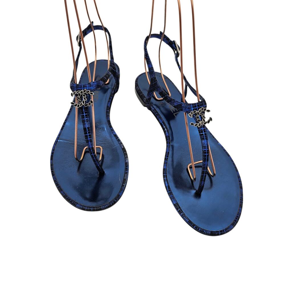Chanel CC Flat Thong T Strap Sandal Blue Leather Black Silver Size 40 C US 9 9.5